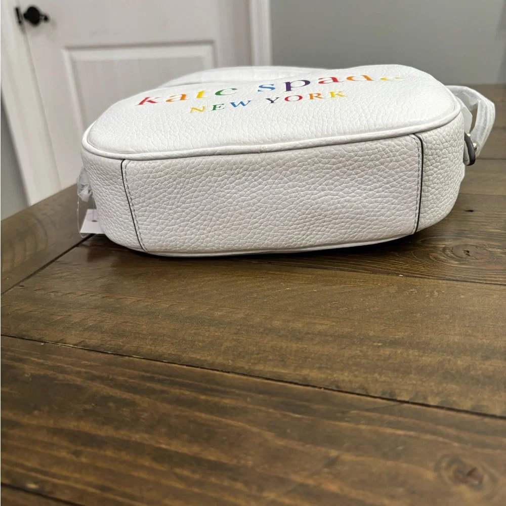 Kate Spade Kourtney Rainbow Logo Camera Bag in White Pebbled Leather NWT